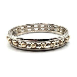 Hinged Bangle Bracelet - Vintage Silver Tone Metal Bead Accent